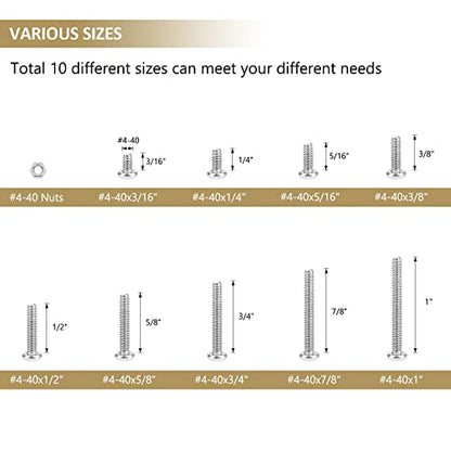 242 Pieces #4-40x 3/16", 1/4", 5/16", 3/8", 1/2", 5/8", 3/4", 7/8", 1", Phillips Pan Head Machine Screws Nuts Assortment Kit, 304 Stainless Steel, Fully Machine Thread - size: #4-40