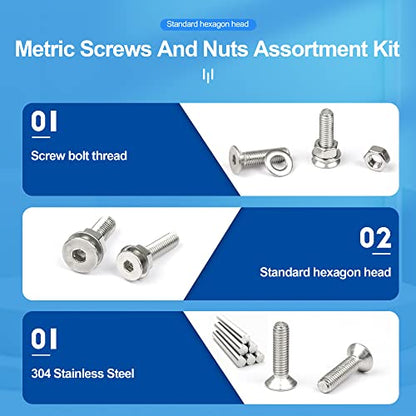 NINDEJIN 580 PCS Hex Socket Flat Head Cap Screws Kit, Metric M2 M3 M4 M5 304 Stainless Steel Screw Bolts and Nuts and Washers Assortment Set with Hex Wrenches, Machine Screw Assorted Fasteners - size: 580 Hex Flat Head Socket Screws Nuts