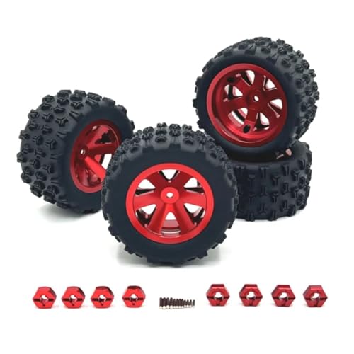 4Packs Metal Upgraded Clamp Wheel Hub Tires for Hyper Go H16BM H16GT H16DR H16PL H14BM RC Car Parts, 12mm Hex 84mm (3.3") Tires for Wltoys Hyper Go SCY 1/12 1/14 1/16 RC Car (Red) - color: Red