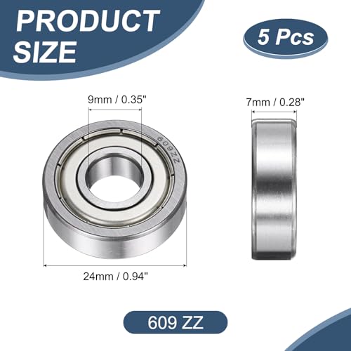 uxcell 5 Pack 609 ZZ Deep Groove Ball Bearings, 9x24x7mm Chrome Steel Double Shield Bearing for Electric Motor, Home Appliances, Garden Machinery, (ABEC5) - size: 609 ZZ