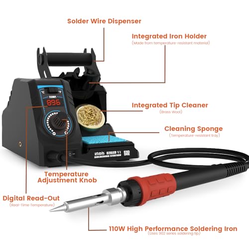 926LED V1 110W High-Power Soldering Station Iron Kit in Black with Temperature Control includes Lead-Free Solder, 6 Soldering Tips, ESD-Safe Tweezers, Solder Wire Dispenser, Tip Cleaner - color: Black