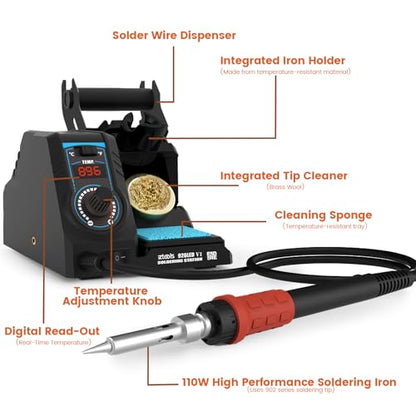 926LED V1 110W High-Power Soldering Station Iron Kit in Black with Temperature Control includes Lead-Free Solder, 6 Soldering Tips, ESD-Safe Tweezers, Solder Wire Dispenser, Tip Cleaner - color: Black
