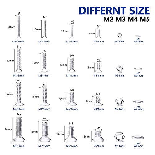 NINDEJIN 880Pcs M2 M3 M4 M5 Stainless Steel Precise Metric Hex Socket Head Cap Machine Screws,Round Flat Socket Bolts and Nuts Set and Washers Assortment Kit +Wrench (Flat Head Cap) | 304 Stainless Steel, Bolts Nuts Flat Washers Screw Set, Corrosion Resi