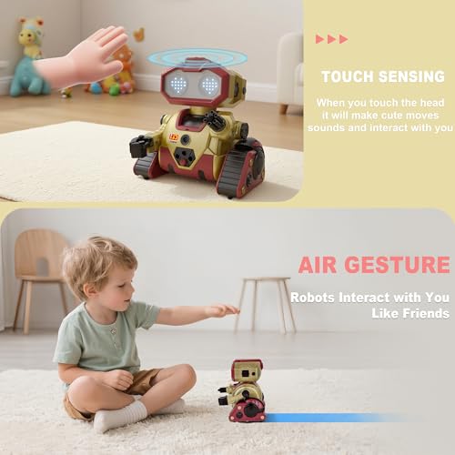 Interactive Smart Robot Toys, Rechargeable Remote Control Emo Robot, Gold | Learning Gesture Sensing, Auto-Demonstration, Music and Dance, Shining LED Eyes, Birthday Gift for Kids - color: 103 Gold