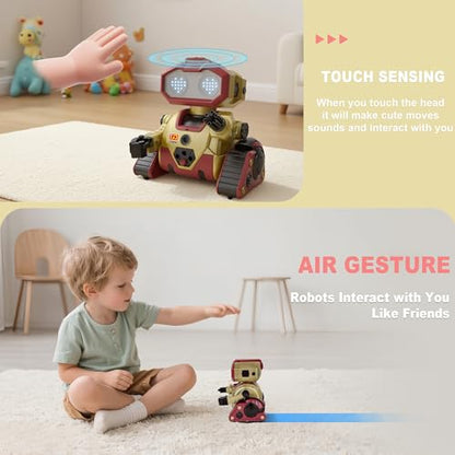 Interactive Smart Robot Toys, Rechargeable Remote Control Emo Robot, Gold | Learning Gesture Sensing, Auto-Demonstration, Music and Dance, Shining LED Eyes, Birthday Gift for Kids - color: 103 Gold