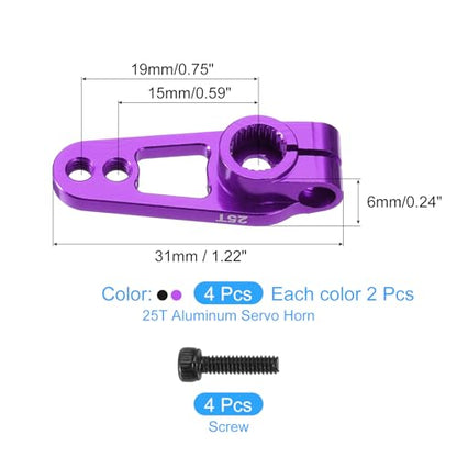 MECCANIXITY 4 Pcs Aluminum Alloy 25T Steering Servo Arm Horn for DIY RC Car/Boat/Airplane Boat Accessories, Purple/Black - color: Purple/Black