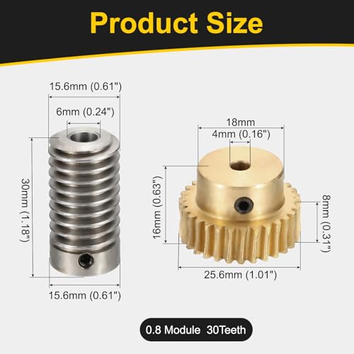 uxcell Worm Gear Set 30T 0.8 Module 1:30 Reduction Rate, Right Rotation Drive Gear Box Wheel Reduce Transmission Part (Brass Gear-4mm Bore, 1045 Steel Rod 6mm Bore) - size: Gear-4mm, Rod-6mm Bore, style: 0.8M-30T