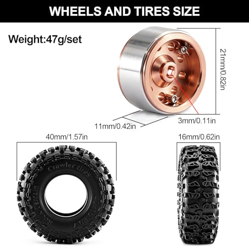 0.7" Beadlock Wheels and Tires for 1/30 Scale SCX30 (Bronze) | 40 × 16mm, Aluminum Alloy Wheels, Soft Rubber Tires - color: Bronze