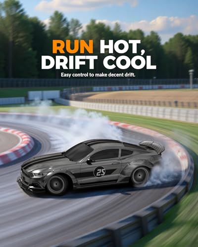 Mustang RC Car, 1:20 Remote Control Cars for Boys Kids | LED Lights, 2.4GHz, 4WD, Drifting Tires, 2 Batteries, Roadblock, Racing Sports Gift Idea - color: Gray