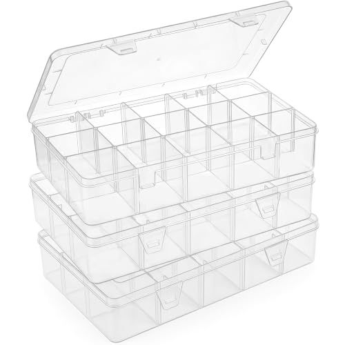 Bead Organizer Storage 3 Pack 15 Grid Clear Plastic Tackle Box Adjustable | Clear Plastic, Divided Compartments, for Beads Washi Tape Ribbon Crafts Art Supplies and Fishing Tackle - size: 3pcs