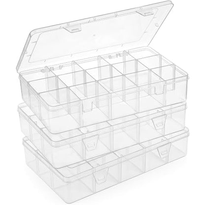 Bead Organizer Storage 3 Pack 15 Grid Clear Plastic Tackle Box Adjustable | Clear Plastic, Divided Compartments, for Beads Washi Tape Ribbon Crafts Art Supplies and Fishing Tackle - size: 3pcs