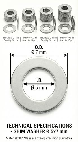 Shim Washers Stainless Steel Assortment 5X10 Precision Spacer Kit for Bearings Gearboxes CNC and RC. 40 Pieces 10 Units x 0.1/0.2/0.3/0.5 mm Deburred Flat Tight Tolerance Professional Use - size: 5x10