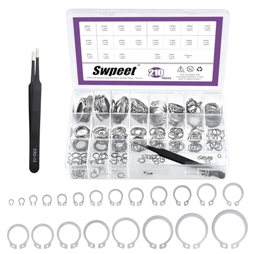 Swpeet 211Pcs 21 Sizes M4-M28mm Stainless Steel C-Clips External Circlip Snap Retaining Clip Rings with Tweezers Assortment Kit, Circlip Retainer Rings Set for Axles, Shafts and Other Moving Parts - style: 304 Stainless Steel C-Cip