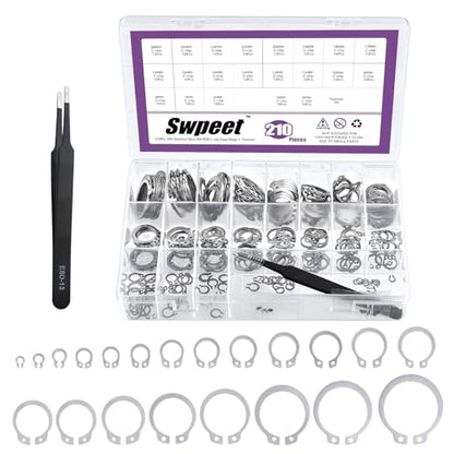 Swpeet 211Pcs 21 Sizes M4-M28mm Stainless Steel C-Clips External Circlip Snap Retaining Clip Rings with Tweezers Assortment Kit, Circlip Retainer Rings Set for Axles, Shafts and Other Moving Parts - style: 304 Stainless Steel C-Cip
