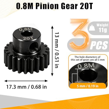 3-Pack Steel Metal 0.8M 5mm Pinion Motor Gear Sets 20T Compatible with HPI Kyosho Losi Axial Tamiya 1/8 1/10 RC Car Monster Truck Buggy, 0.8 Module Gear for Traxxsa Arrma - style: 3Pcs 20T
