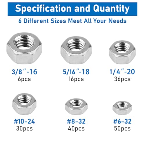 SAE Hex Nuts, 178 Pack 304 (A2-70) Stainless Steel Hardware Nuts | #6-32#8-32#10-24 1/4"-20 5/16"-18 3/8"-16 Standard Inch Coarse Thread Nuts - color: Silver, size: SAE
