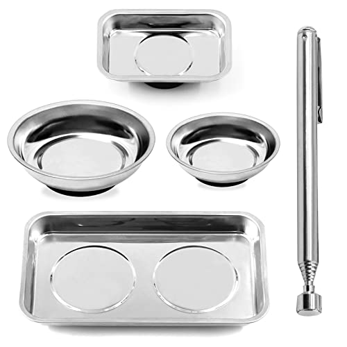 Keadic 5Pcs Stainless Steel Magnetic Tray Holder Set Includes Square & Round Magnetic Parts Tray and Magnetic Telescoping Pick-Up Tool for Screws Nuts Tool Organization