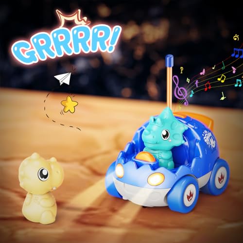 Kidz do 2 Pack Dinosaur Remote Control Cars Toys for Kids 2 3 4 5 Years Old, Christmas Birthday Gifts for Boys and Girls Ages 2-5, Dino Race Car Toddlers Toys with Music and Light(Red Blue) - color: Blue&red
