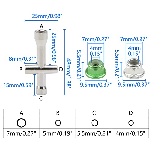 16pcs M4 Lock Nuts Set for 1/10 RC Car - Green Aluminum & Silver Steel with Hex Driver | RC Tool Kit & Nut Driver for Traxxas Axial Tamiya Wheel Replacement - color: Green & Silver