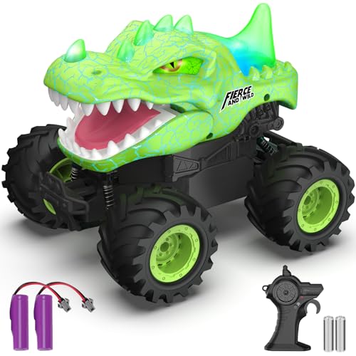 Dinosaur Remote Control Car, 2.4GHz Monster Truck Toys Rechargeable RC Cars 1:24 Scale RC Truck with LED Light Movable Mouth, Dinosaur Cars Toys for Kids Boys 6-8 8-12 Birthday Gift, Green - color: Green