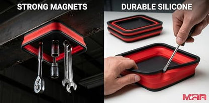Collapsible Magnetic Parts Tray Set, 4-Pack, Red | Silicone construction, double-sided magnets, fold-flat design, keeps screws and bolts, compact storage, mechanic organizer - color: Red