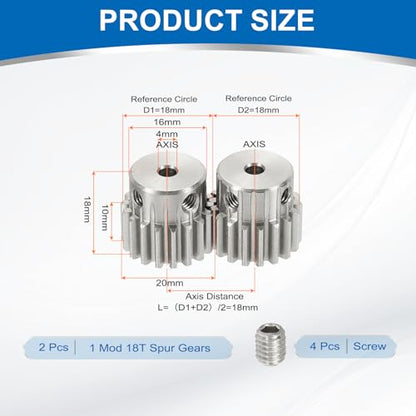 uxcell 2Pcs 1 Mod 18T Spur Gear 4mm Bore, 304 Stainless Steel Pinion Gear, 20°Pressure Angle, for Spur Rack and RC Model Car or Motor DIY(16mm) - size: 1 Mod 18T, 4mm x 16mm