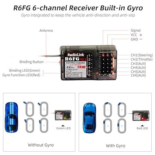 Radiolink R6FG 6 Channels 2.4G RC Gyro Receiver Long Range Control for Car | for Vehicle Drifting/Crawler/Truck/Boat Works with Radio Controller RC4GS V3/RC6GS V3/RC8P/RC8X/T8FB/T8S/T12D/T16D
