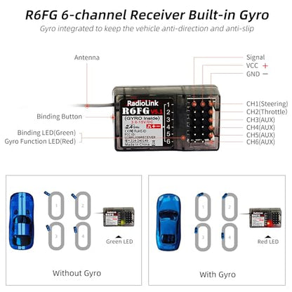 Radiolink R6FG 6 Channels 2.4G RC Gyro Receiver Long Range Control for Car | for Vehicle Drifting/Crawler/Truck/Boat Works with Radio Controller RC4GS V3/RC6GS V3/RC8P/RC8X/T8FB/T8S/T12D/T16D