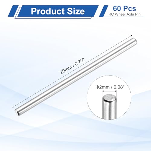 MECCANIXITY 60 Pack Dowel Pin Wheel, 2x20mm Steel Hex Wheel Hub Nut Pin Replacement for DIY RC Car Truck Boat Helicopter Model Part, Silver - size: 2x20mm