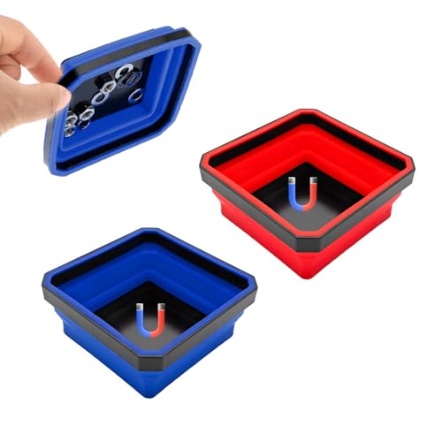 2PCS Collapsible Magnetic Parts Tray, 4.5" Square Silicone Tool Tray with Double-Sided Magnetic Base, Foldable Bowls Small Metal Parts Holder for Screws Bolts Nuts Washers (Red+Blue) - color: Red+Blue, size: 2PCS