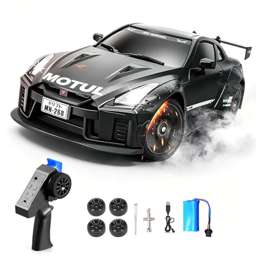 MN-268 RC Drift Car, 1:16 Scale High Speed 20 KPH Racing Drift Car with Gyro, LED Lights and Drift Tires, 2.4G Hobby RC Cars Gift for Adults and Teens (Black) - color: Black, size: 1 Battery