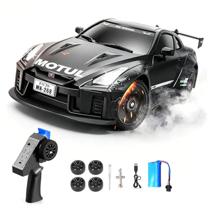 MN-268 RC Drift Car, 1:16 Scale High Speed 20 KPH Racing Drift Car with Gyro, LED Lights and Drift Tires, 2.4G Hobby RC Cars Gift for Adults and Teens (Black) - color: Black, size: 1 Battery