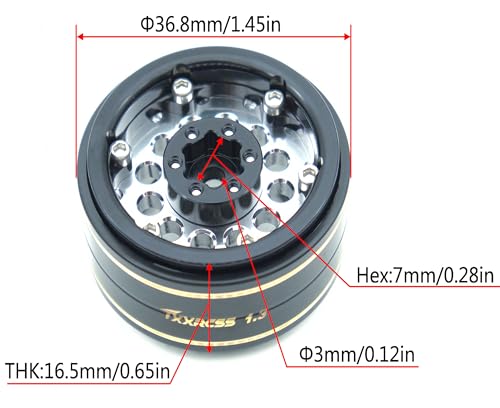 1.3 Beadlock Wheels & Brass Ring Weight 46.5g Adjustable Offset-3mm 1.3 Wheels Hex 7mm for 1/18 1/24 RC Crawlers Upgrade 4Pc YK (Silver Black) - color: Silver Black