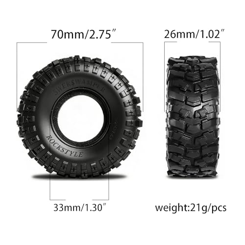 Specially designed for upgrading RC tracked vehicles such as 1/24 SCX24/AX24 and 1/18 TRX4M, with 1.3-inch bead locking tires.