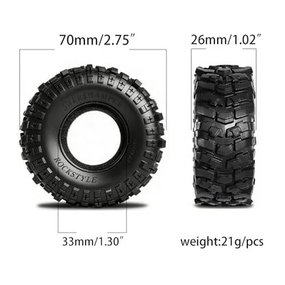 Specially designed for upgrading RC tracked vehicles such as 1/24 SCX24/AX24 and 1/18 TRX4M, with 1.3-inch bead locking tires.