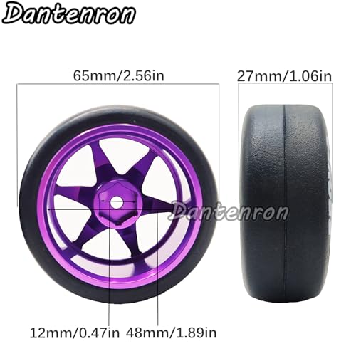 1/10 RC Drift Aluminum Wheels and Tires OD 65mm 1/12 Hard Drift Racing Tyres 12mm Hex for 1:10 Rally Street On Road Touring Car Tamiya TT01 TT02 XV01 TA06 A959 PTG2 KYOSHO 4PCS (Purple) - color: Purple