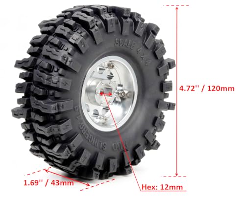120mm Tall 1.9 Mud Slingers T8 Tires Tyres Mounted on Aluminum 1.9 Beadlock Wheels for 1/10 RC TRX4 SCX10 Gen8 Upgrades, (4-Pack, HS700570) - color: Silver & Black