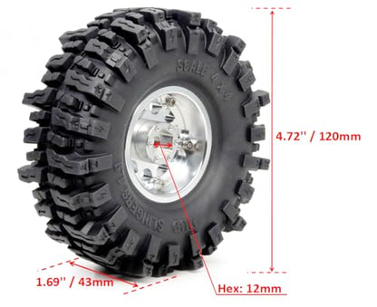 120mm Tall 1.9 Mud Slingers T8 Tires Tyres Mounted on Aluminum 1.9 Beadlock Wheels for 1/10 RC TRX4 SCX10 Gen8 Upgrades, (4-Pack, HS700570) - color: Silver & Black