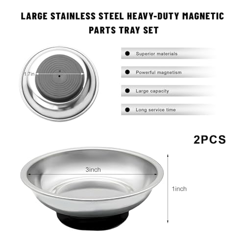 Sun Walker 2 PCS Magnetic Tray Holders, Stainless Steel Thickened Round Tray Set with Strong Magnet, Heavy Duty Magnetic Trays for Screws Bolts Nuts Washers Pins, Car Accessories (3" Round) - color: 3" Round