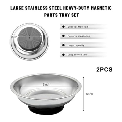 Sun Walker 2 PCS Magnetic Tray Holders, Stainless Steel Thickened Round Tray Set with Strong Magnet, Heavy Duty Magnetic Trays for Screws Bolts Nuts Washers Pins, Car Accessories (3" Round) - color: 3" Round