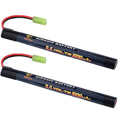 melasta 8.4V 1600mAh 2/3A Stick NiMH Battery 2-Pack for Airsoft Guns | Mini Tamiya connector. Butterfly nunchuck stick design. Compatible with airsoft rifle/pistol models. Rechargeable pack.