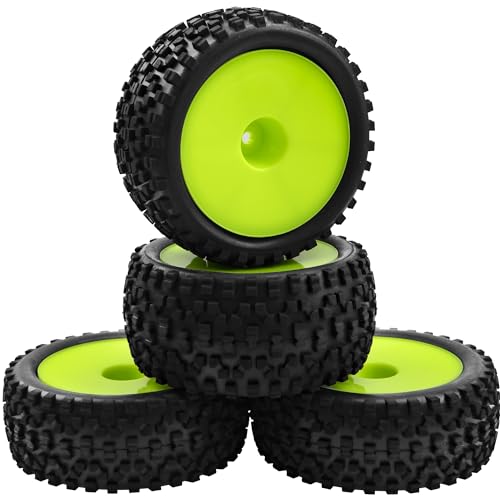 4Pack HIRCQOO OD 88mm/3.46" Front and Rear Rubber Tire Tyre & Plastic Wheel Rims 12mm Hex Hub Compatible with Redcat HPI HSP ExceedRC Kyosho Losi 1/10 Scale Off Road Buggy (Green) - color: Green