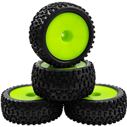 4Pack HIRCQOO OD 88mm/3.46" Front and Rear Rubber Tire Tyre & Plastic Wheel Rims 12mm Hex Hub Compatible with Redcat HPI HSP ExceedRC Kyosho Losi 1/10 Scale Off Road Buggy (Green) - color: Green