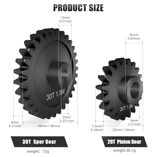 30T M1.5 Shaft with Bearing 45# Steel D-Shaped Hole Spur Gear with 20T Pinion Gear for TRAXXAS-1/5 X-MAXX 6S/8S Monster Truck and 1/6 4WD XRT 8S-78086-4, 1.5 Mod Large Transmission Gear Part - style: 20T + 30T