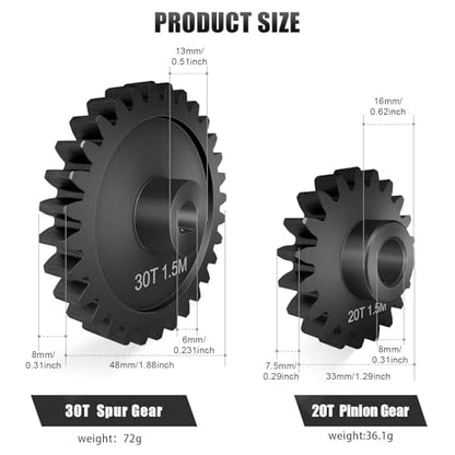 30T M1.5 Shaft with Bearing 45# Steel D-Shaped Hole Spur Gear with 20T Pinion Gear for TRAXXAS-1/5 X-MAXX 6S/8S Monster Truck and 1/6 4WD XRT 8S-78086-4, 1.5 Mod Large Transmission Gear Part - style: 20T + 30T