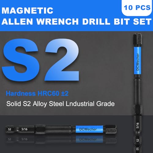 10-Piece Impact Allen Key Drill Bit Set - 4-Inch Long Hex Bit Set (SAE), Magnetic Head, S2 Alloy Steel, 1/4'' Hex-Shank, for DIY Furniture Assembly & Car Repairs, by DCWecher - size: 4 inch 10 Pieces (SAE)