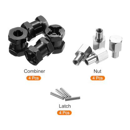 Generic 4pcs 12mm Wheel Hex Drive Hubs Adapter Combiner Coupler, Aluminum 15mm Extension with Nut Latch for 1/10 RC Crawler Car Parts, Black