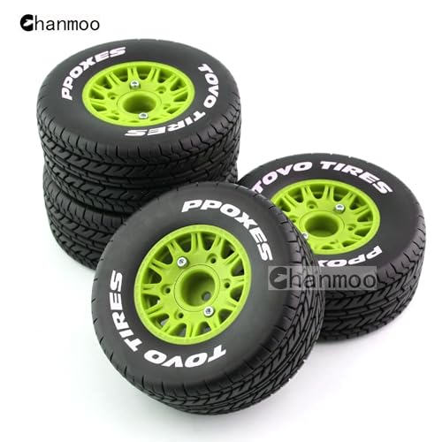 1/10 RC Short Course Truck Tires And Wheels With 12mm 14mm 17mm Hex 113mm 1/8 Rubber Tyres For 1/8 or 1/10 Scale On Road Car HSP Sonic 94102 GT PTG-2 Tamiya TT02 RC Racing Car 4PCS (Green A) - color: Green A