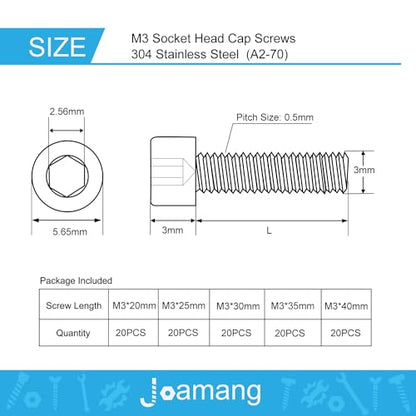 M3 x 20mm 25mm 30mm 35mm 40mm Socket Head Cap Screws Bolts, Stainless Steel 304, Metric Allen Hex Drive, Bright Finish, Fully Threaded, Assortment Kit 100PCS - size: Socket M3x20-40 mm