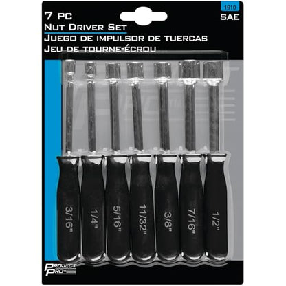 Performance Tool 1910 7-Piece SAE Nut Driver Set for Tightening and Loosening Fasteners with Comfortable Grip Handles and Convenient Storage Case